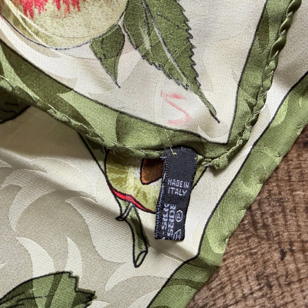 Vintage Italian Silk Fruit Botanical Jacquard Damask Scarf, Green Multi, 34" - Picture 5 of 5